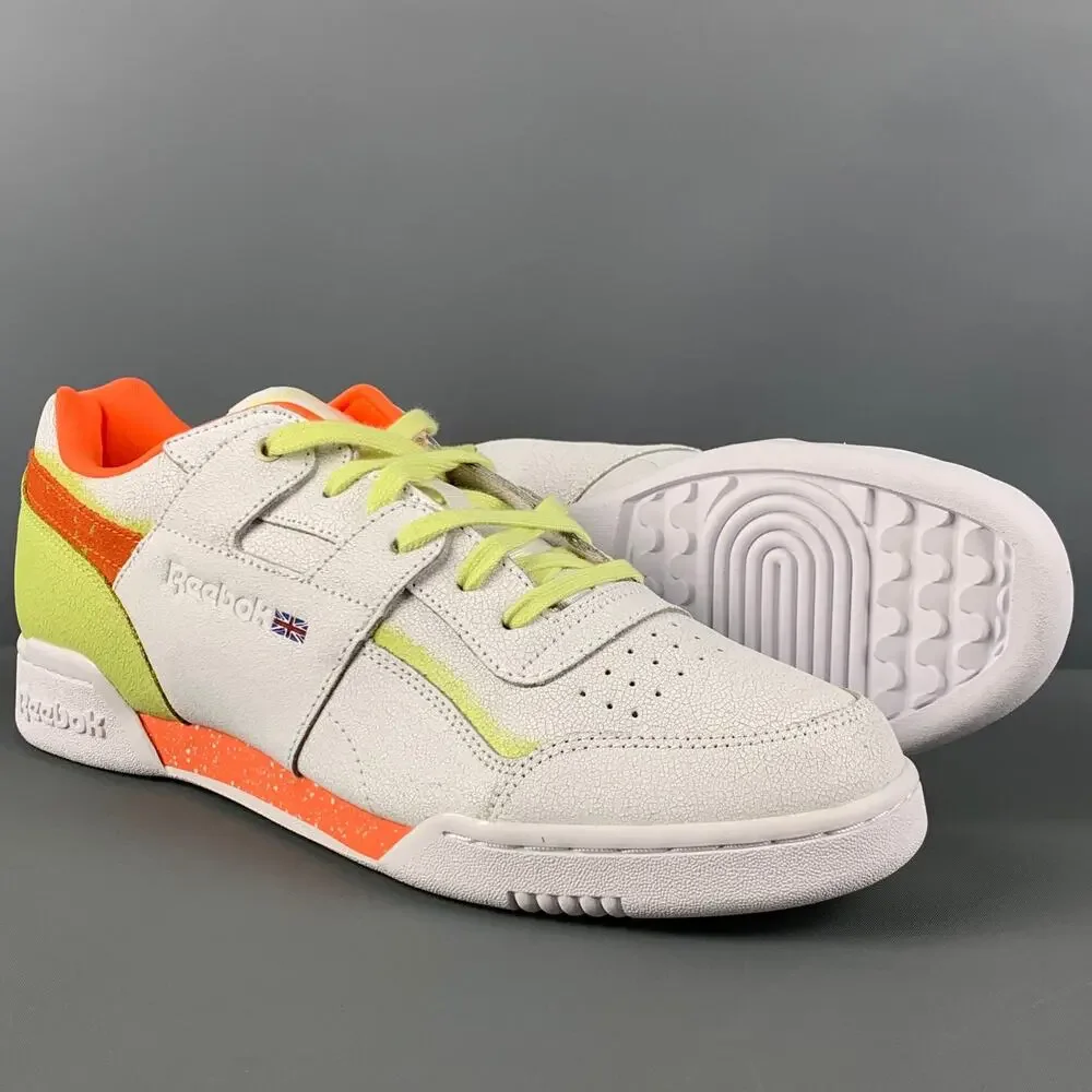 REEBOK Size 10.5 White Orange & Green Leather Lace Up Sneakers